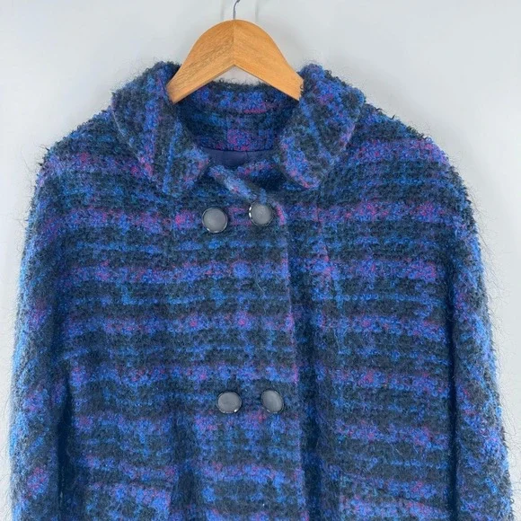 Vintage‎ Womens Blue Purple Plaid Boucle Knit Double Breasted Coat Size Small